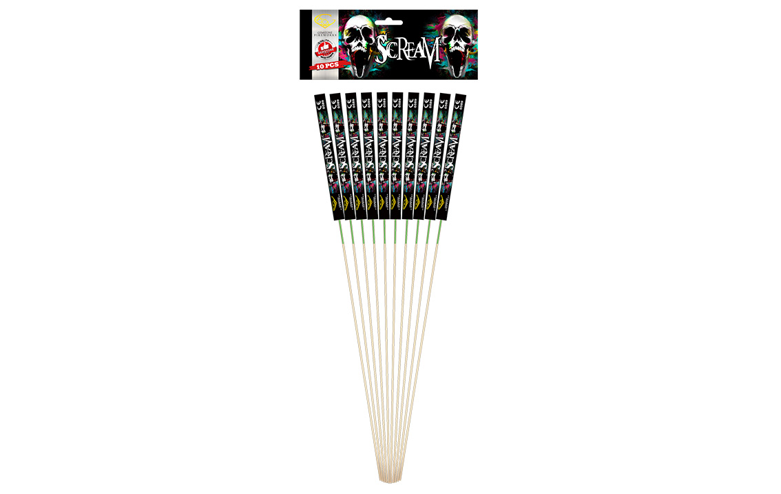 A bumper pack of 10 rockets with whistle and a bang effects.